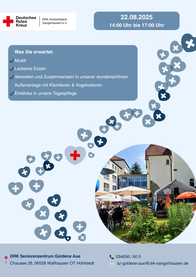 blauer Hintergrund mit Herzen und Textfeldern, Musik, Essen, Attraktionen